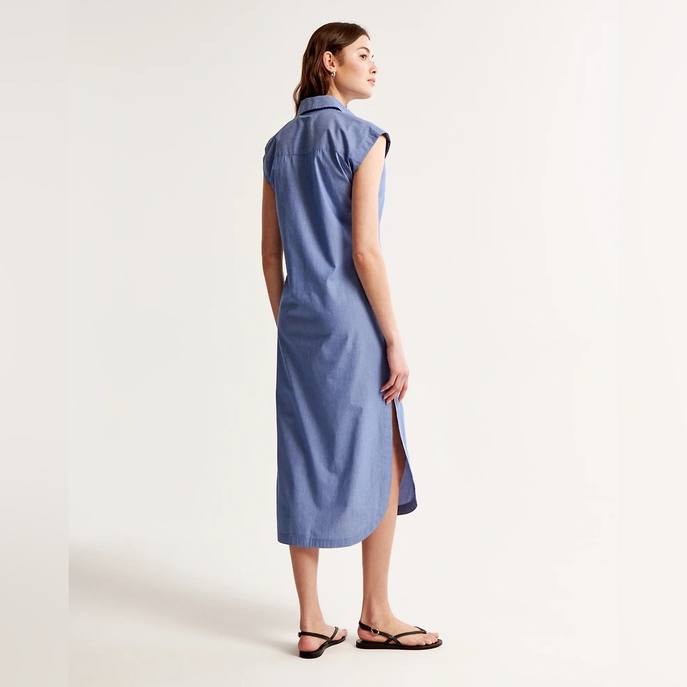 ABERCROMBIE PINSTRIPE COTTON POPLIN MIDI SHIRT DRESS COASTAL RESORT Blue White S - Picture 2 of 11